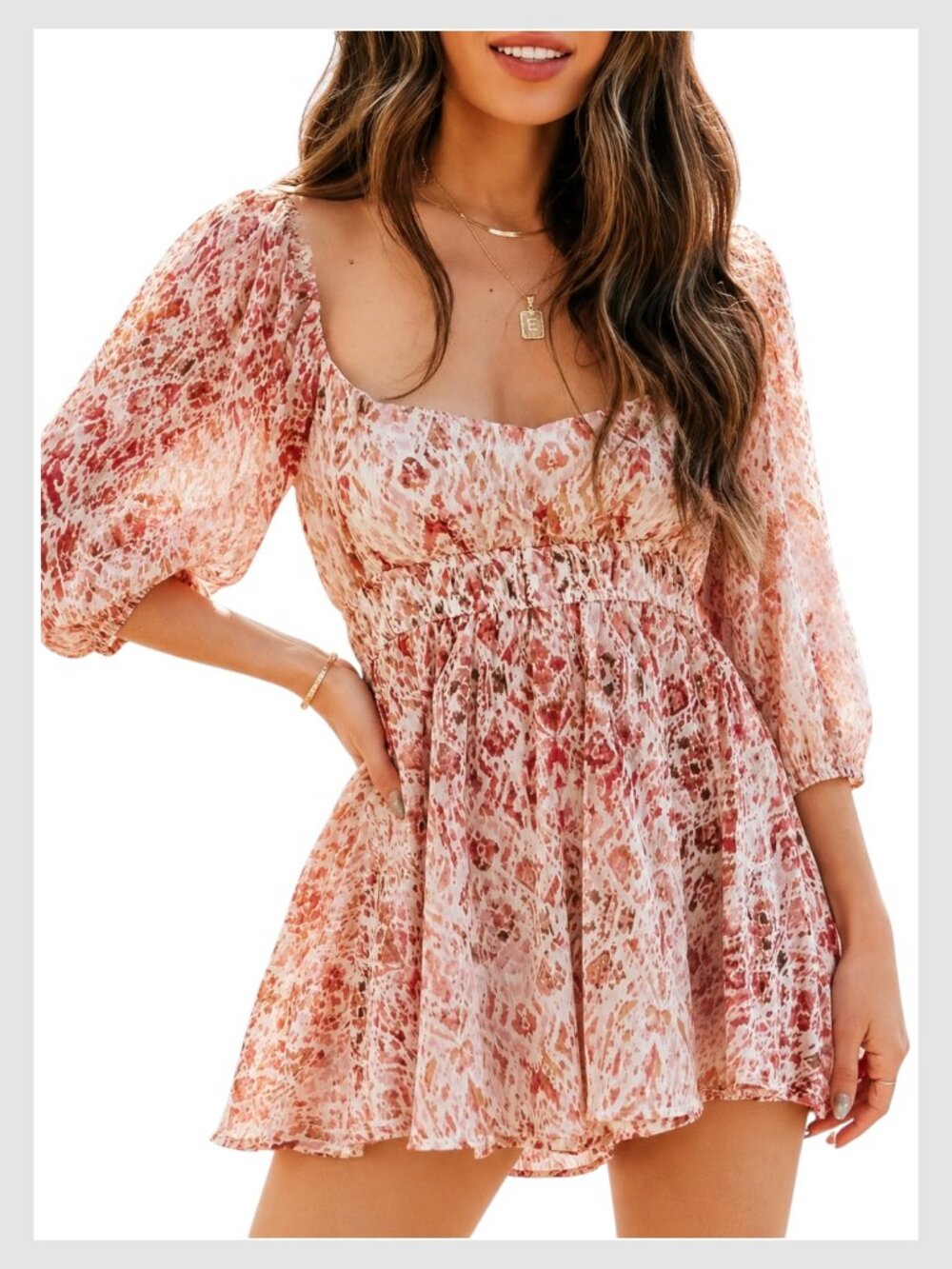 VICI Floral Smocked Romper Blouson Sleeve Rust Multi XL